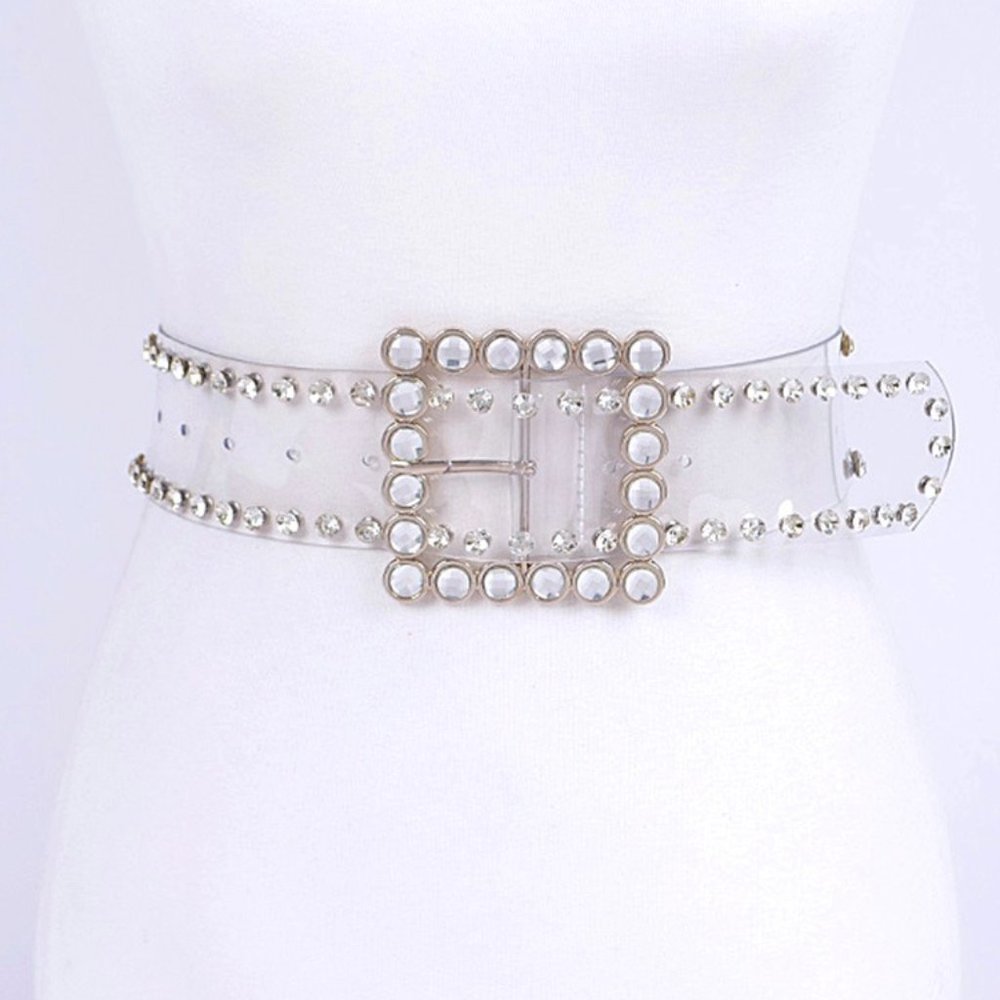 BNWT Plus Size Crystal Rhinestone Square Buckle Cleared Transparent Fashion Belt
